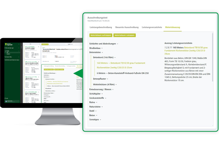 Materialauszug in der Leistungsverzeichnis-Suche von greenprofi