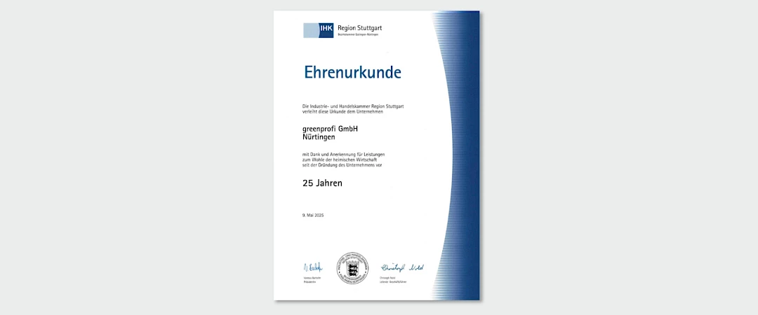 Ehrenurkunde der IHK Region Stuttgart für greenprofi zum 25 jährigen Bestehen