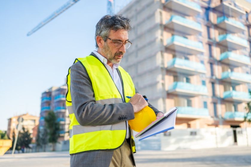 Mann mit Leuchtweste und Bauhelm bei Bauabnahme